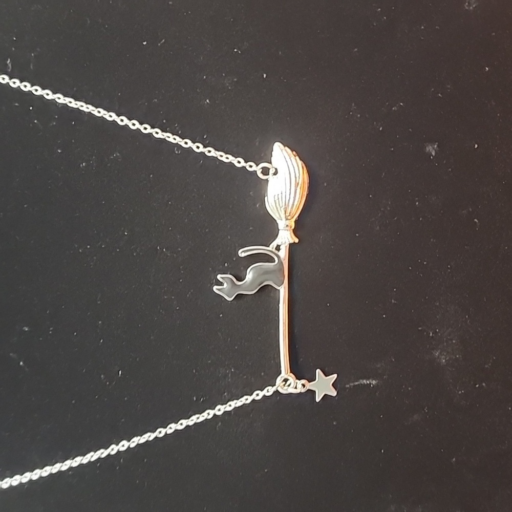 Halloween Necklace Black Cat Riding On Broom
